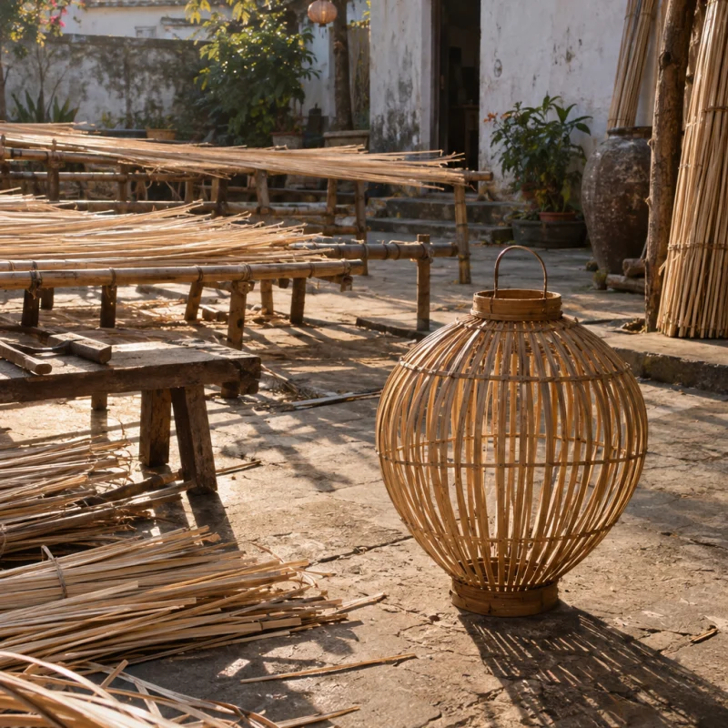 Lantern, open weave, the piece standing in the courtyard among drying cane, late sun, in a Phú Vinh courtyard, split rattan cane drying on bamboo racks, pale straw and honey tones, whitewashed wall, dappled sun