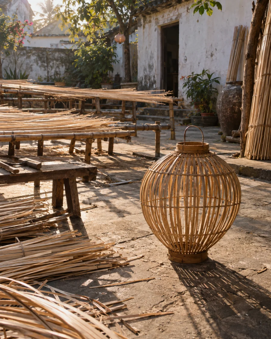 Lantern, open weave, the piece standing in the courtyard among drying cane, late sun, in a Phú Vinh courtyard, split rattan cane drying on bamboo racks, pale straw and honey tones, whitewashed wall, dappled sun