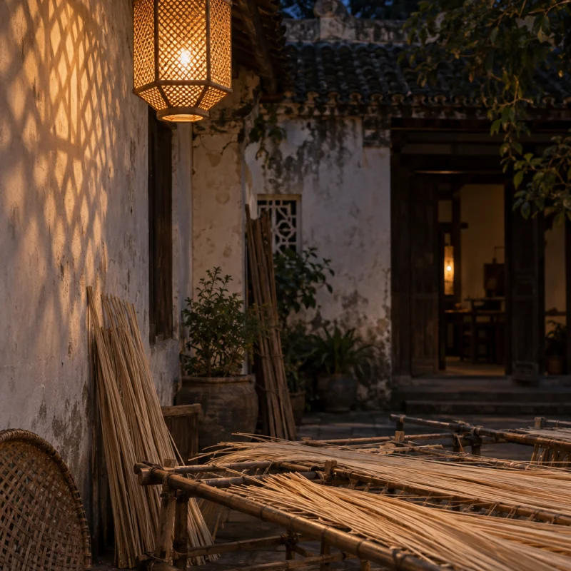 Lantern, open weave: A hexagonal open-weave rattan lantern on a bamboo frame, lit from inside at dusk, casting a lattice of warm light on a courtyard wall, in a Phú Vinh courtyard, split rattan cane drying on bamboo racks, pale straw and honey tones, whitewashed wall, dappled sun, by Trần Thị Mai