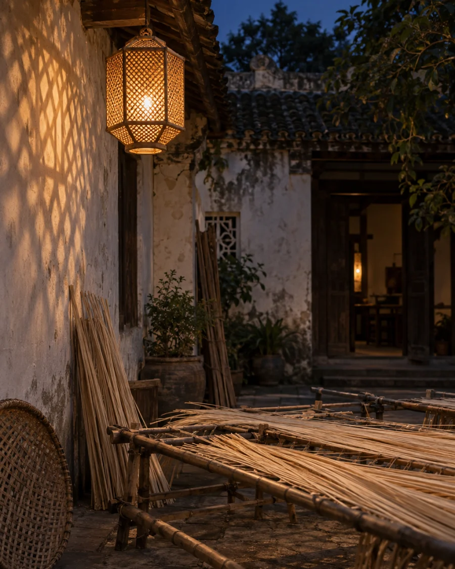 Lantern, open weave: A hexagonal open-weave rattan lantern on a bamboo frame, lit from inside at dusk, casting a lattice of warm light on a courtyard wall, in a Phú Vinh courtyard, split rattan cane drying on bamboo racks, pale straw and honey tones, whitewashed wall, dappled sun, by Trần Thị Mai