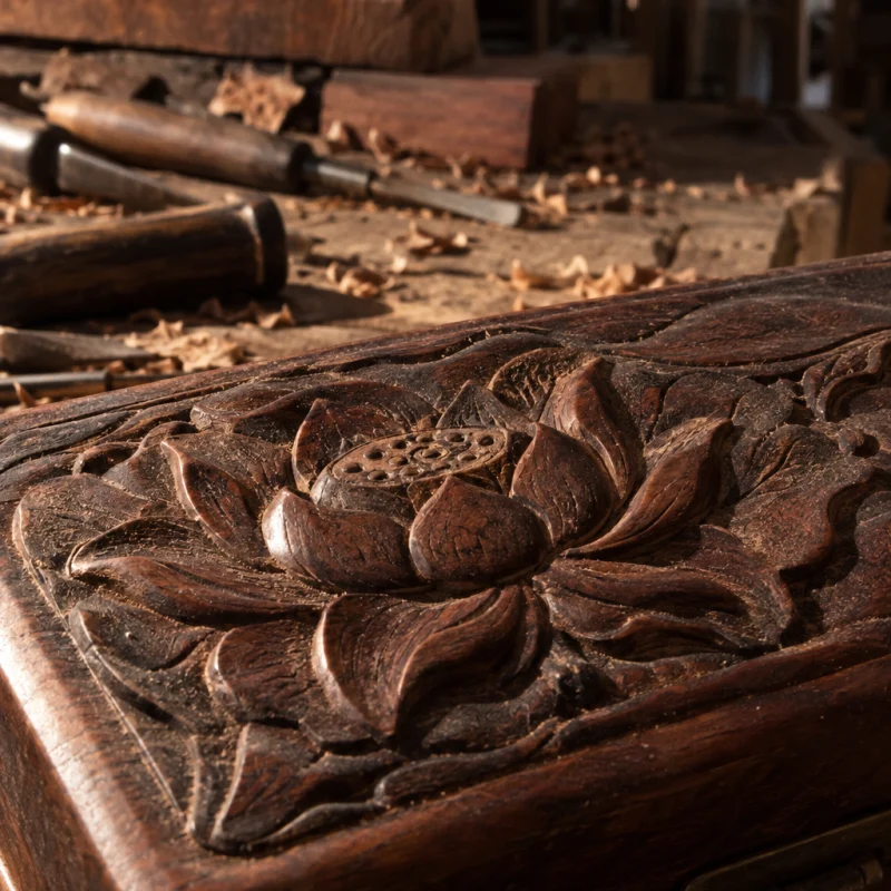 Lidded box, carved rosewood, macro of the carved lid, low-relief lotus in rosewood, in a Đồng Kỵ carving workshop, ironwood and rosewood planks, chisels and shavings, oiled dark grain, timber-yard light