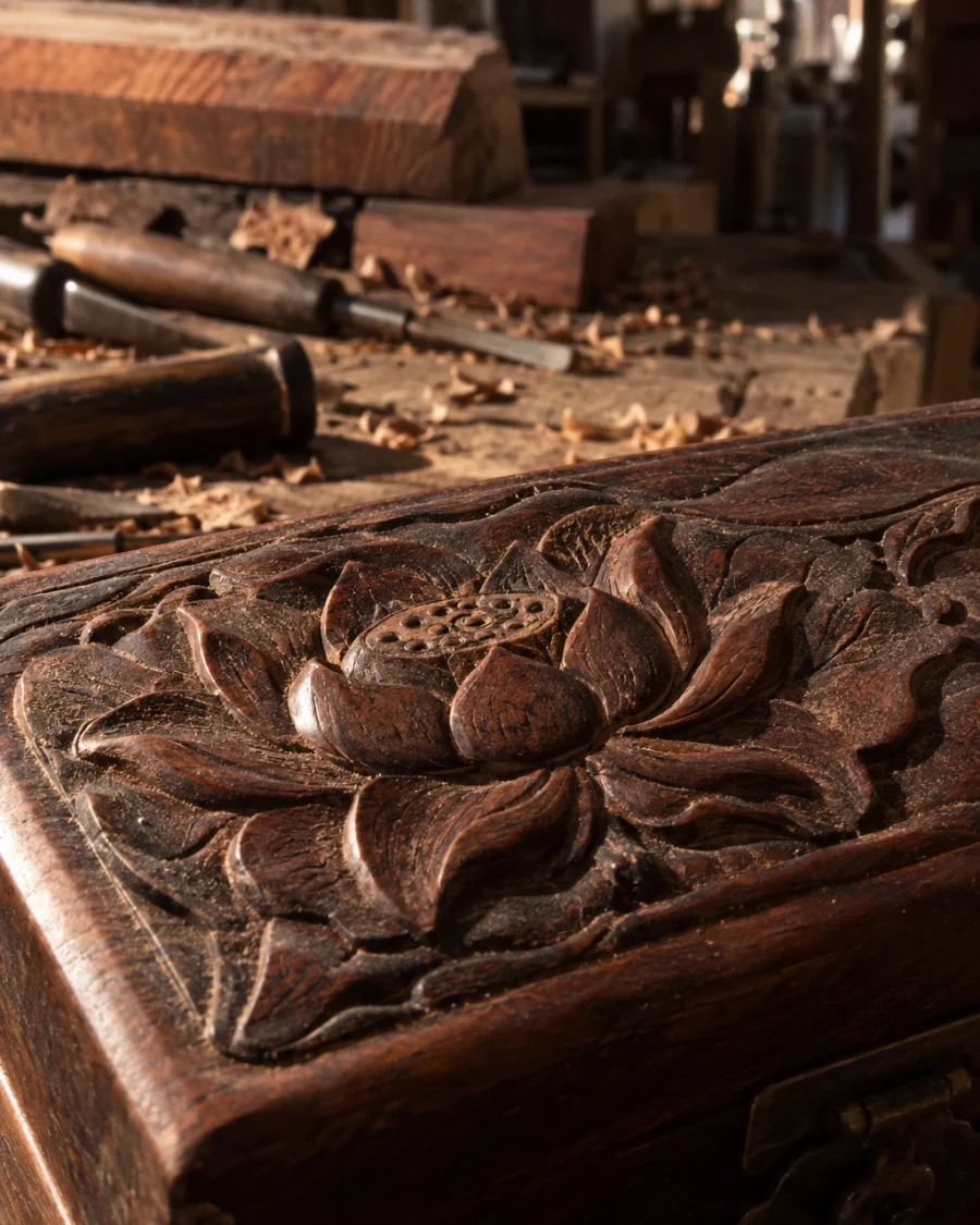 Lidded box, carved rosewood, macro of the carved lid, low-relief lotus in rosewood, in a Đồng Kỵ carving workshop, ironwood and rosewood planks, chisels and shavings, oiled dark grain, timber-yard light