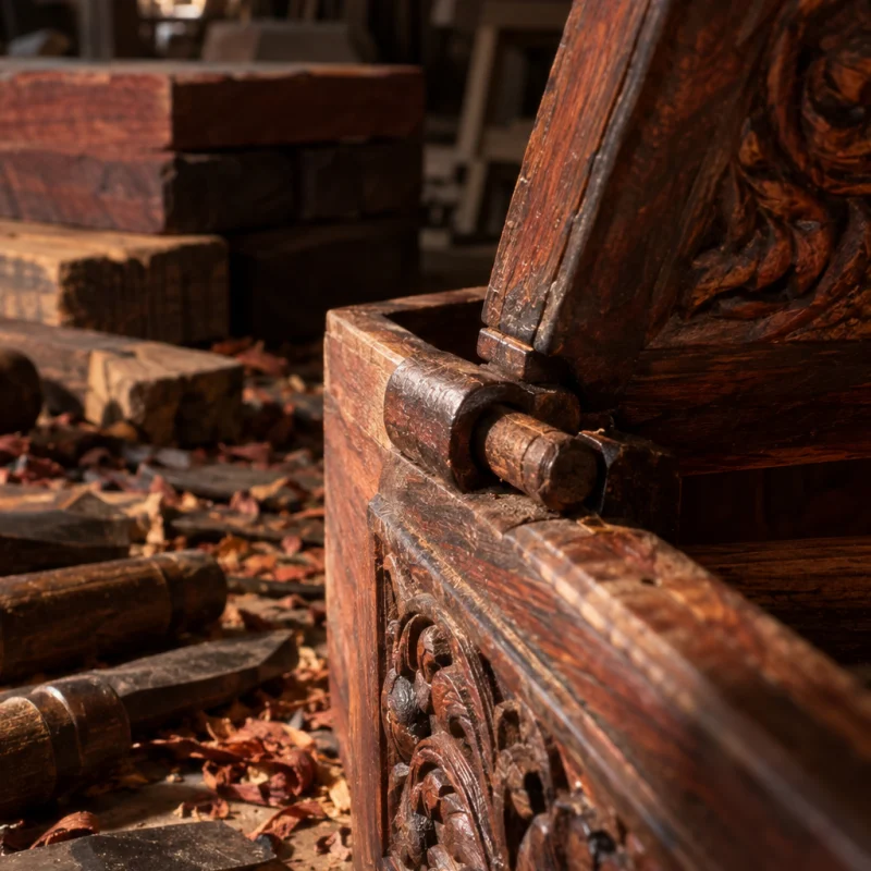 Lidded box, carved rosewood, close-up of the wooden pin and hinge, in a Đồng Kỵ carving workshop, ironwood and rosewood planks, chisels and shavings, oiled dark grain, timber-yard light