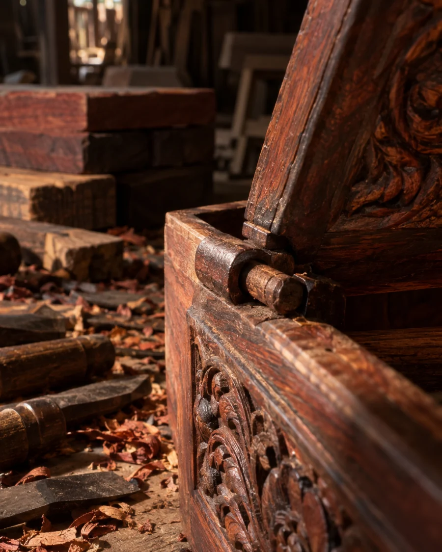 Lidded box, carved rosewood, close-up of the wooden pin and hinge, in a Đồng Kỵ carving workshop, ironwood and rosewood planks, chisels and shavings, oiled dark grain, timber-yard light