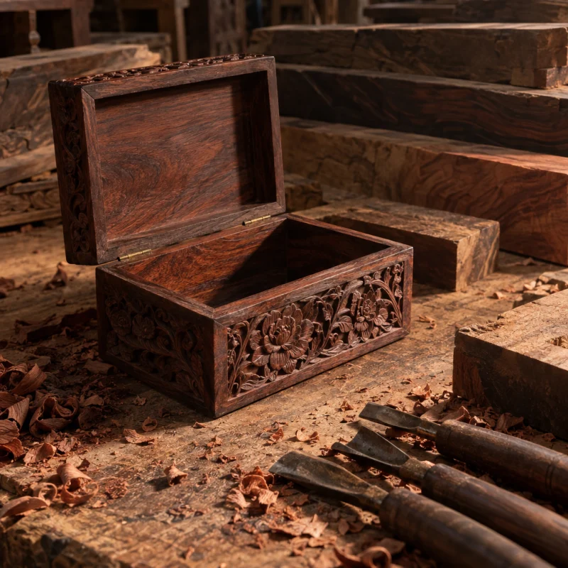 Lidded box, carved rosewood, the piece open, its inside in soft light, in a Đồng Kỵ carving workshop, ironwood and rosewood planks, chisels and shavings, oiled dark grain, timber-yard light