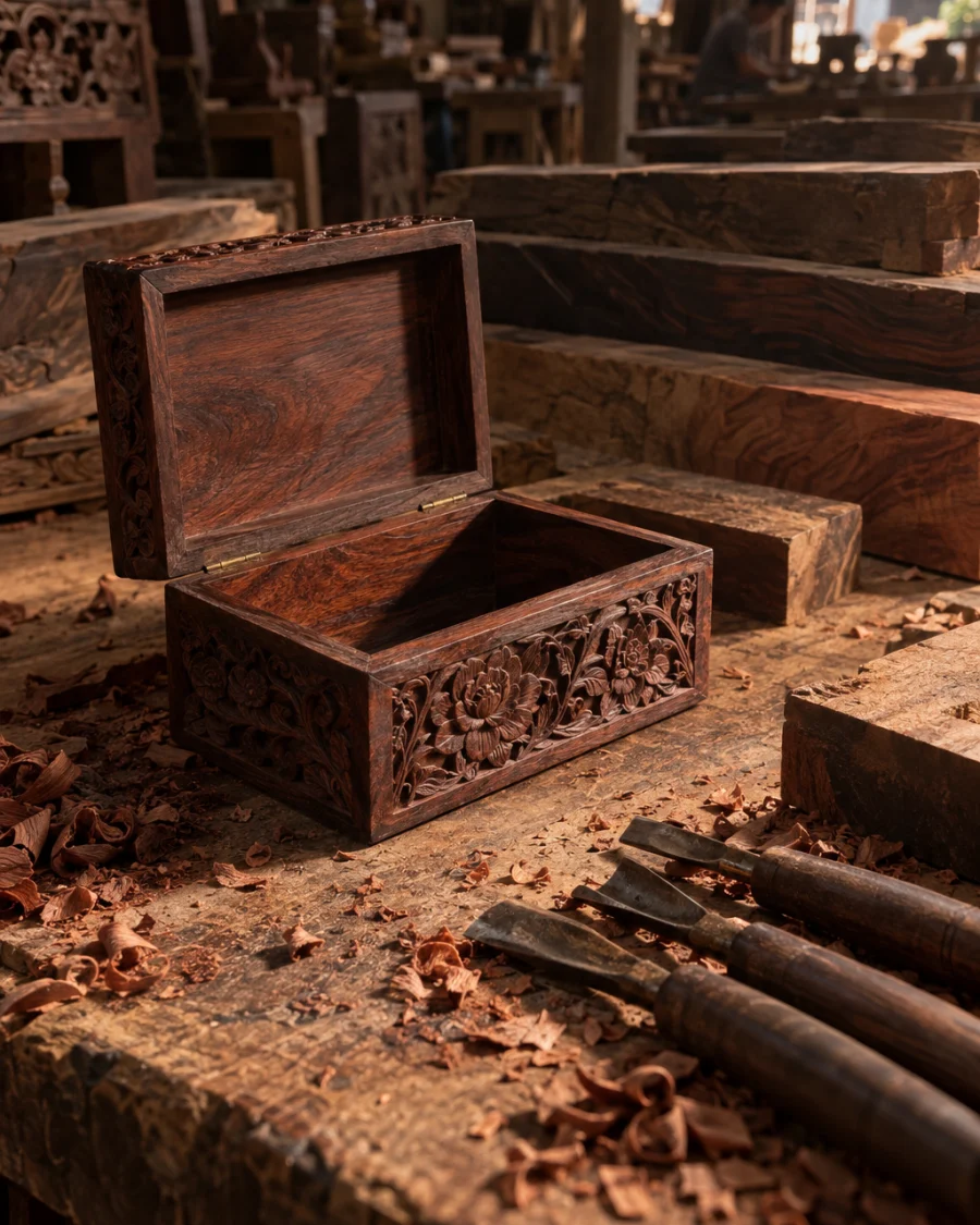 Lidded box, carved rosewood, the piece open, its inside in soft light, in a Đồng Kỵ carving workshop, ironwood and rosewood planks, chisels and shavings, oiled dark grain, timber-yard light
