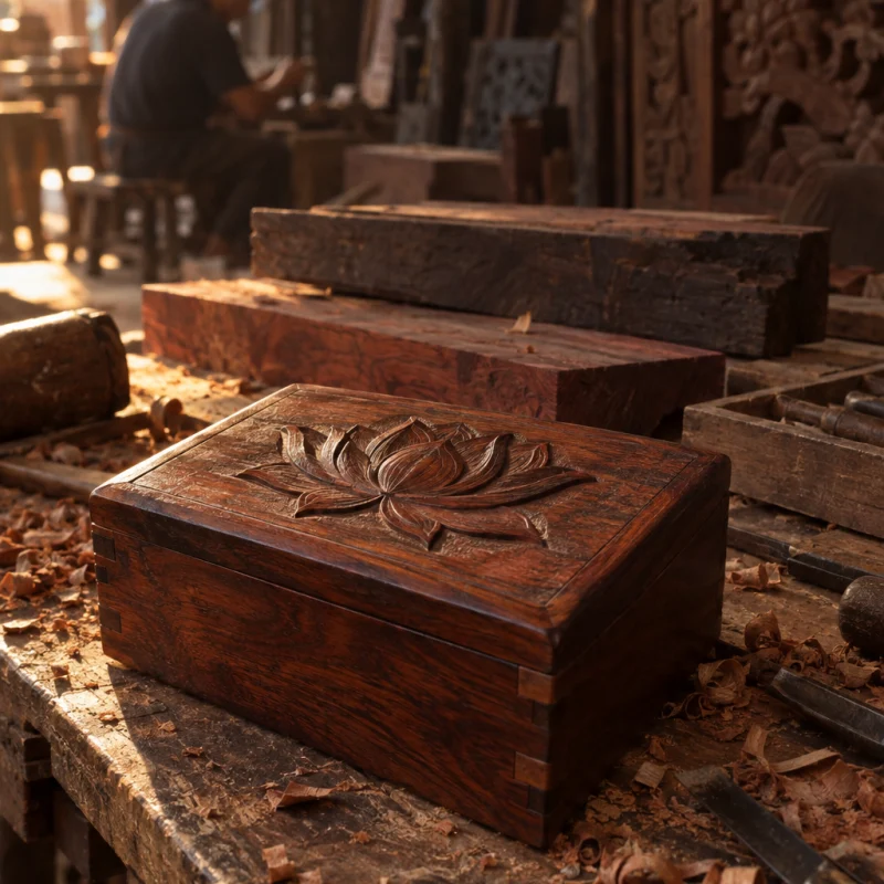 Lidded box, carved rosewood: A lidded rosewood box with a lotus carved in low relief on the lid, pegged corners, oil-and-wax finish, on the carver's bench, in a Đồng Kỵ carving workshop, ironwood and rosewood planks, chisels and shavings, oiled dark grain, timber-yard light, by Đồng Kỵ workshop