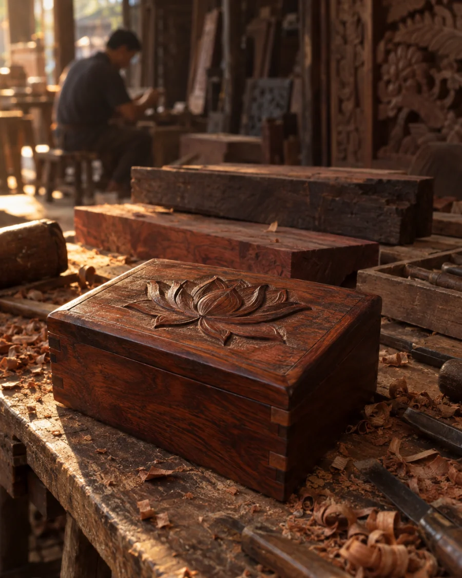 Lidded box, carved rosewood: A lidded rosewood box with a lotus carved in low relief on the lid, pegged corners, oil-and-wax finish, on the carver's bench, in a Đồng Kỵ carving workshop, ironwood and rosewood planks, chisels and shavings, oiled dark grain, timber-yard light, by Đồng Kỵ workshop