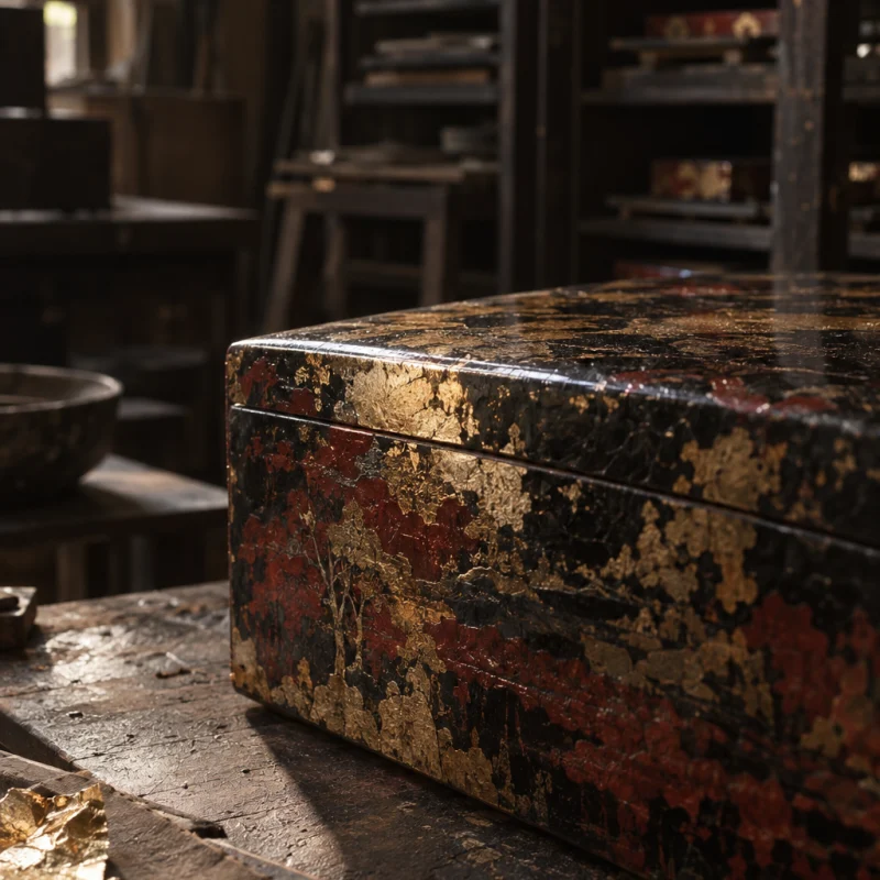 Lidded box, gold leaf, macro of gold leaf buried under polished black lacquer, in the Hạ Thái lacquer workshop, dark wooden drying cabinets behind, palette of brown-black, cinnabar and dull gold