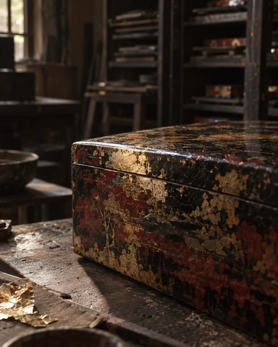 Lidded box, gold leaf, macro of gold leaf buried under polished black lacquer, in the Hạ Thái lacquer workshop, dark wooden drying cabinets behind, palette of brown-black, cinnabar and dull gold