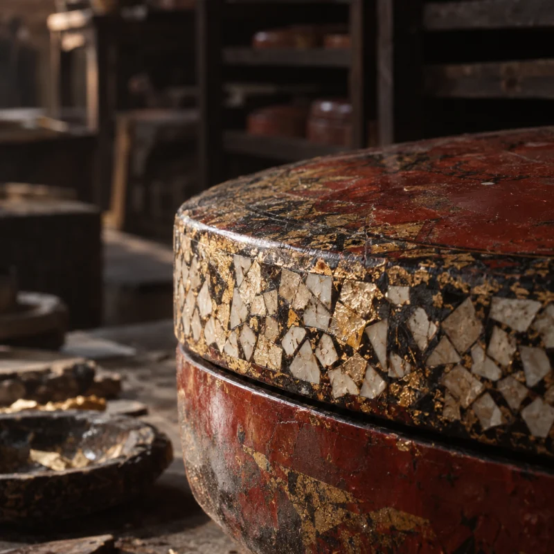 Lidded box, gold leaf, macro of the eggshell mosaic along the rim, in the Hạ Thái lacquer workshop, dark wooden drying cabinets behind, palette of brown-black, cinnabar and dull gold