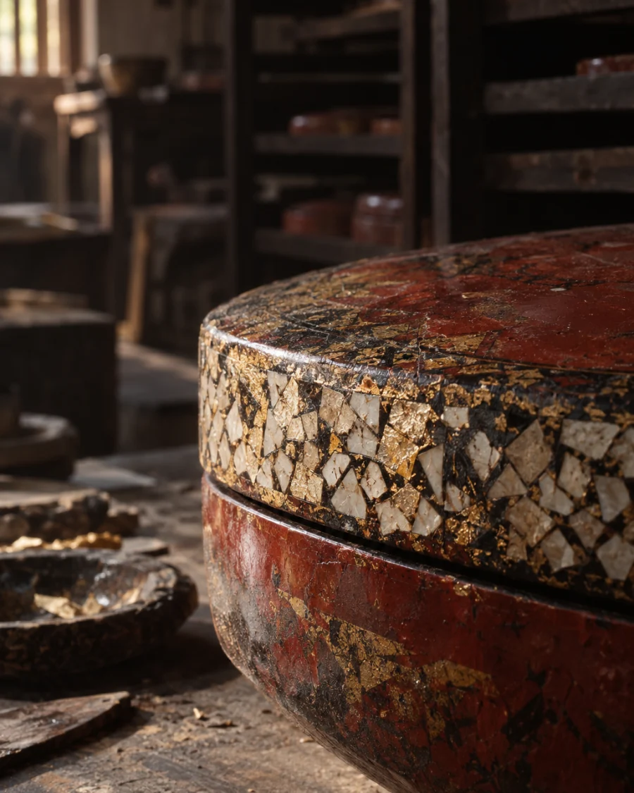 Lidded box, gold leaf, macro of the eggshell mosaic along the rim, in the Hạ Thái lacquer workshop, dark wooden drying cabinets behind, palette of brown-black, cinnabar and dull gold