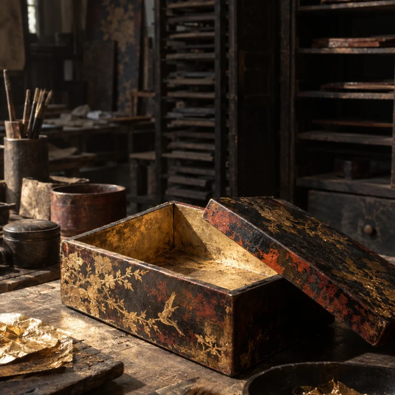 Lidded box, gold leaf, the piece open, its inside in soft light, in the Hạ Thái lacquer workshop, dark wooden drying cabinets behind, palette of brown-black, cinnabar and dull gold