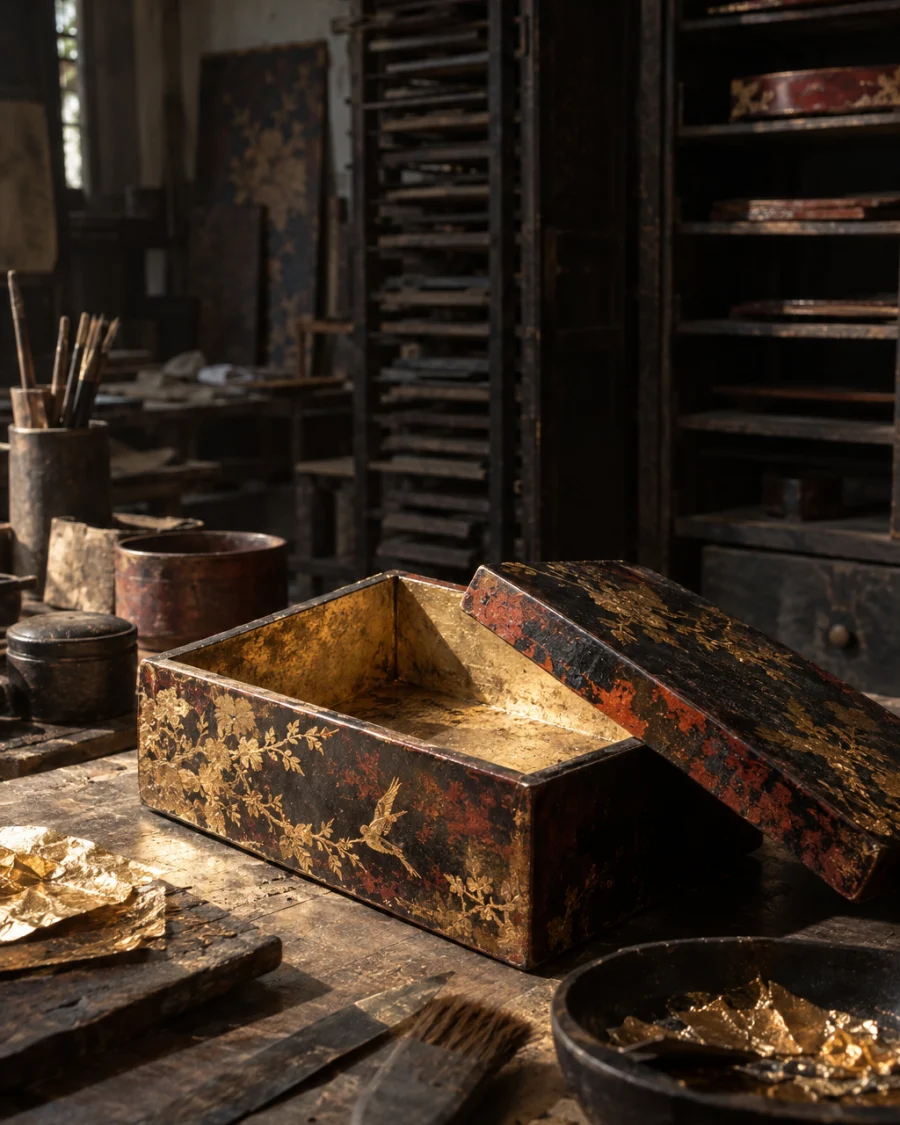 Lidded box, gold leaf, the piece open, its inside in soft light, in the Hạ Thái lacquer workshop, dark wooden drying cabinets behind, palette of brown-black, cinnabar and dull gold