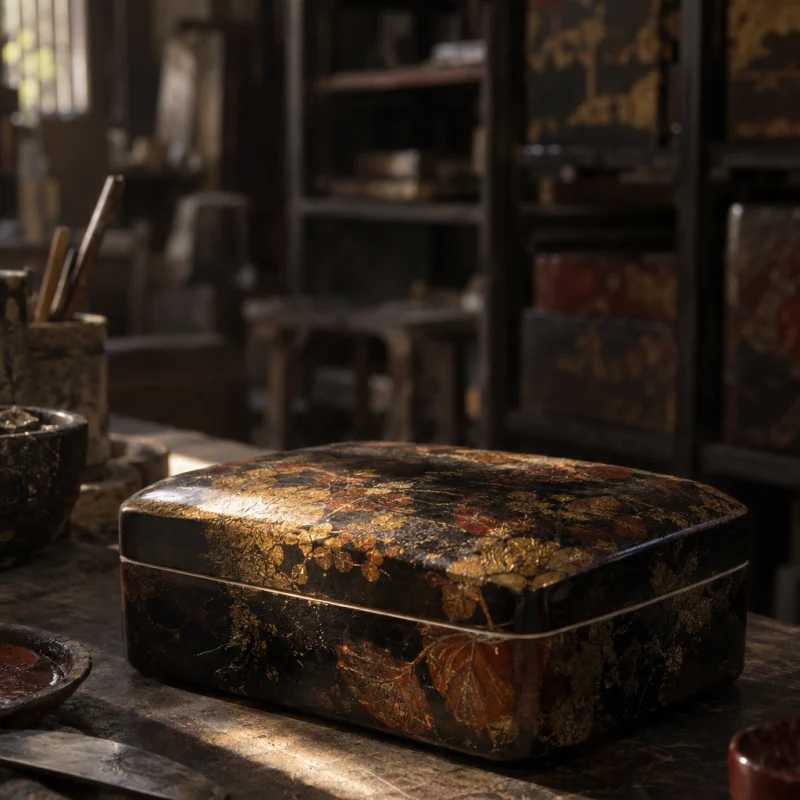 Lidded box, gold leaf: A black natural-lacquer lidded box with gold leaf buried under the polished surface and an eggshell rim, on jackfruit wood, in the Hạ Thái lacquer workshop, dark wooden drying cabinets behind, palette of brown-black, cinnabar and dull gold, by Đỗ Thị Hương