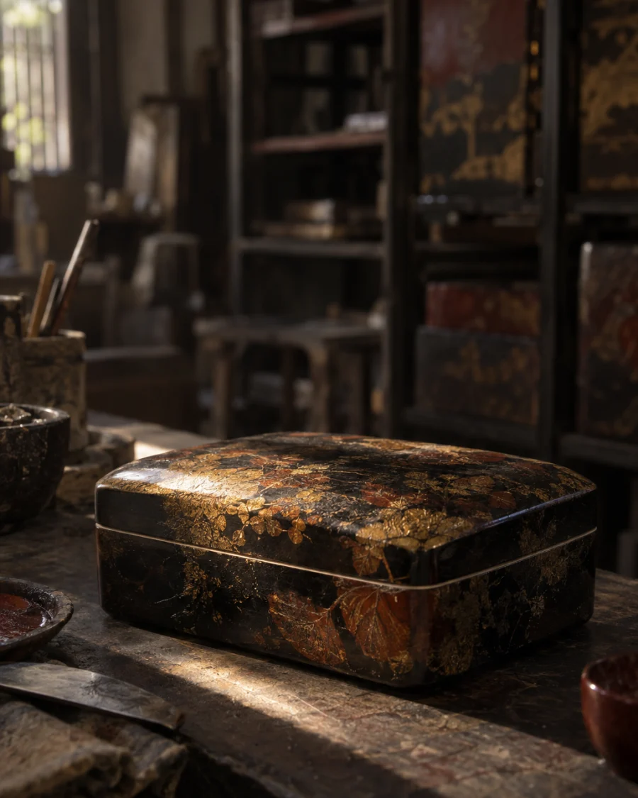 Lidded box, gold leaf: A black natural-lacquer lidded box with gold leaf buried under the polished surface and an eggshell rim, on jackfruit wood, in the Hạ Thái lacquer workshop, dark wooden drying cabinets behind, palette of brown-black, cinnabar and dull gold, by Đỗ Thị Hương
