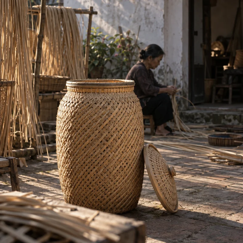 Lidded vessel, rain pattern: A tall lidded rattan vessel in the diagonal "rain" weave, hand-split cane with a bamboo rim, natural unbleached finish, its lid resting beside it, in a Phú Vinh courtyard, split rattan cane drying on bamboo racks, pale straw and honey tones, whitewashed wall, dappled sun, by Trần Thị Mai