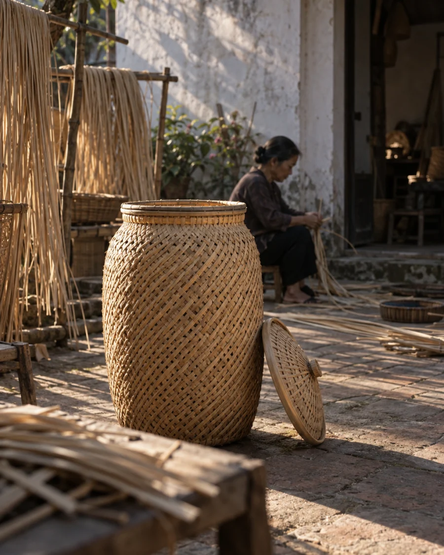 Lidded vessel, rain pattern: A tall lidded rattan vessel in the diagonal "rain" weave, hand-split cane with a bamboo rim, natural unbleached finish, its lid resting beside it, in a Phú Vinh courtyard, split rattan cane drying on bamboo racks, pale straw and honey tones, whitewashed wall, dappled sun, by Trần Thị Mai