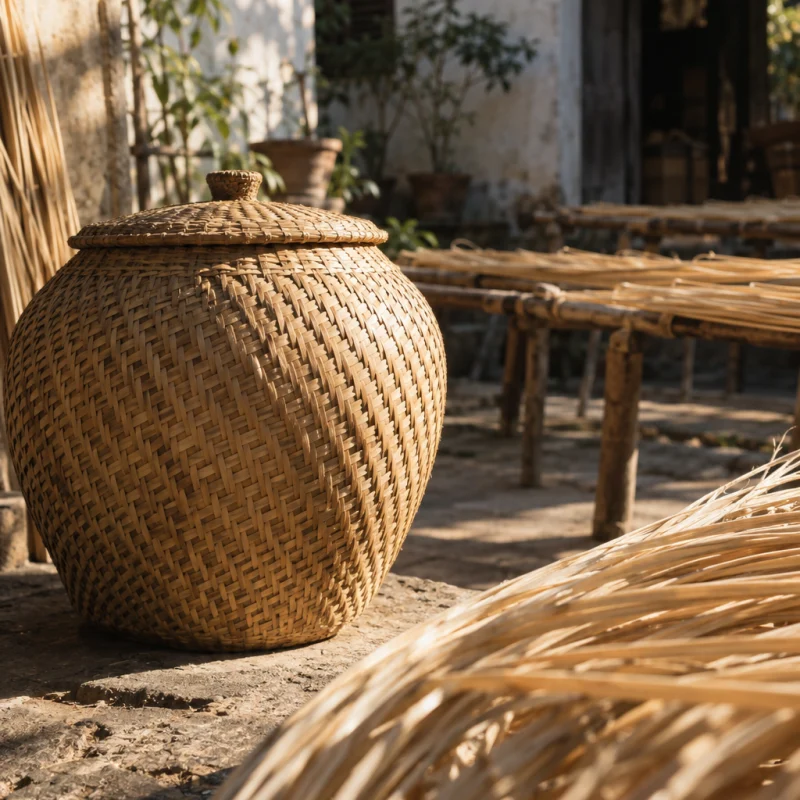 Lidded vessel, rain pattern, macro of the diagonal rain-pattern weave, each strand of split cane catching the light, in a Phú Vinh courtyard, split rattan cane drying on bamboo racks, pale straw and honey tones, whitewashed wall, dappled sun