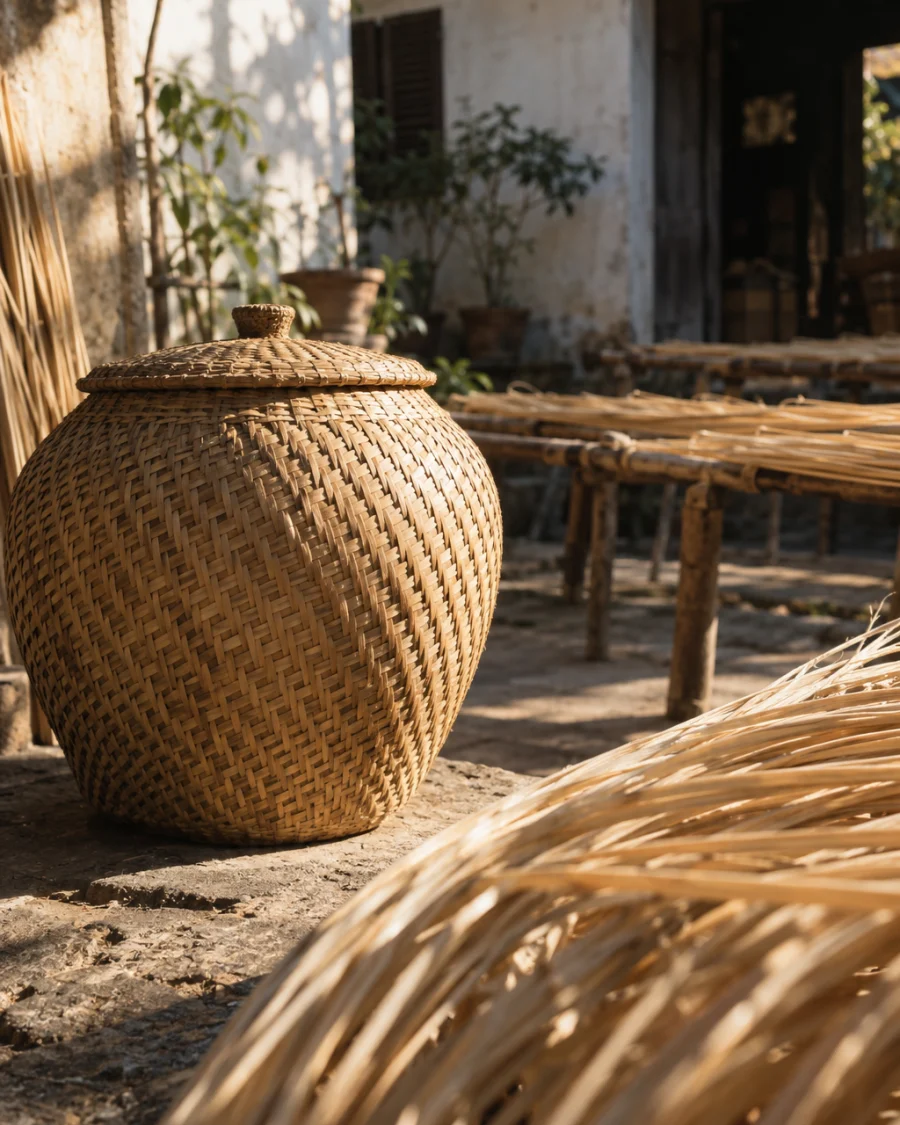 Lidded vessel, rain pattern, macro of the diagonal rain-pattern weave, each strand of split cane catching the light, in a Phú Vinh courtyard, split rattan cane drying on bamboo racks, pale straw and honey tones, whitewashed wall, dappled sun