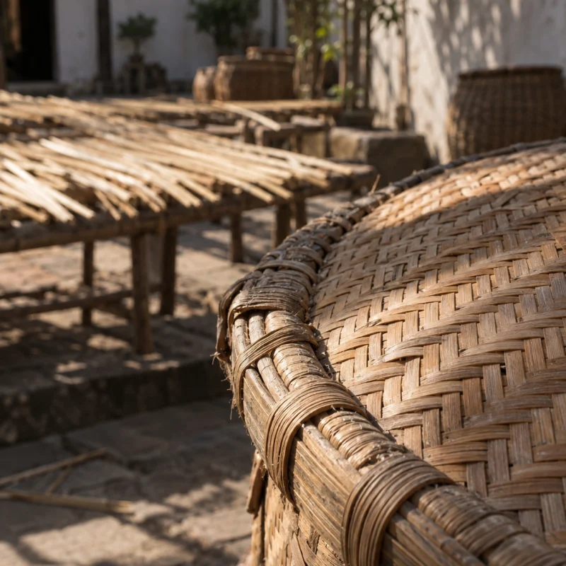 Lidded vessel, rain pattern, close-up of the bound rim where cane wraps the frame, in a Phú Vinh courtyard, split rattan cane drying on bamboo racks, pale straw and honey tones, whitewashed wall, dappled sun