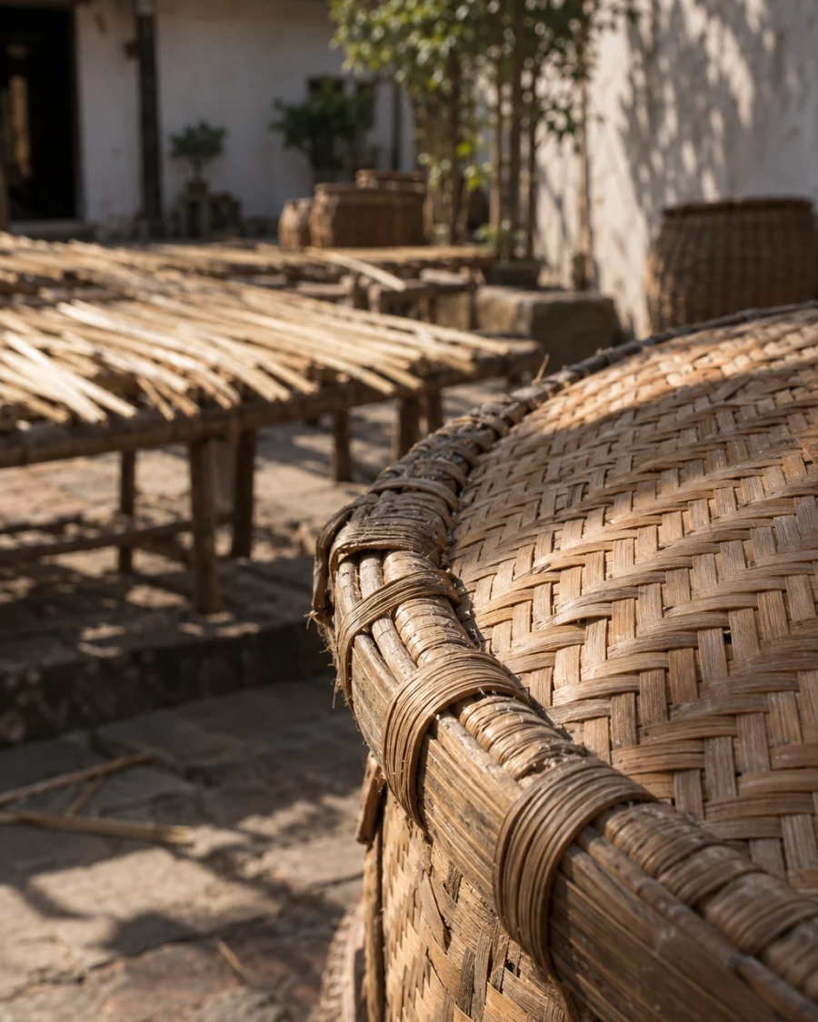 Lidded vessel, rain pattern, close-up of the bound rim where cane wraps the frame, in a Phú Vinh courtyard, split rattan cane drying on bamboo racks, pale straw and honey tones, whitewashed wall, dappled sun