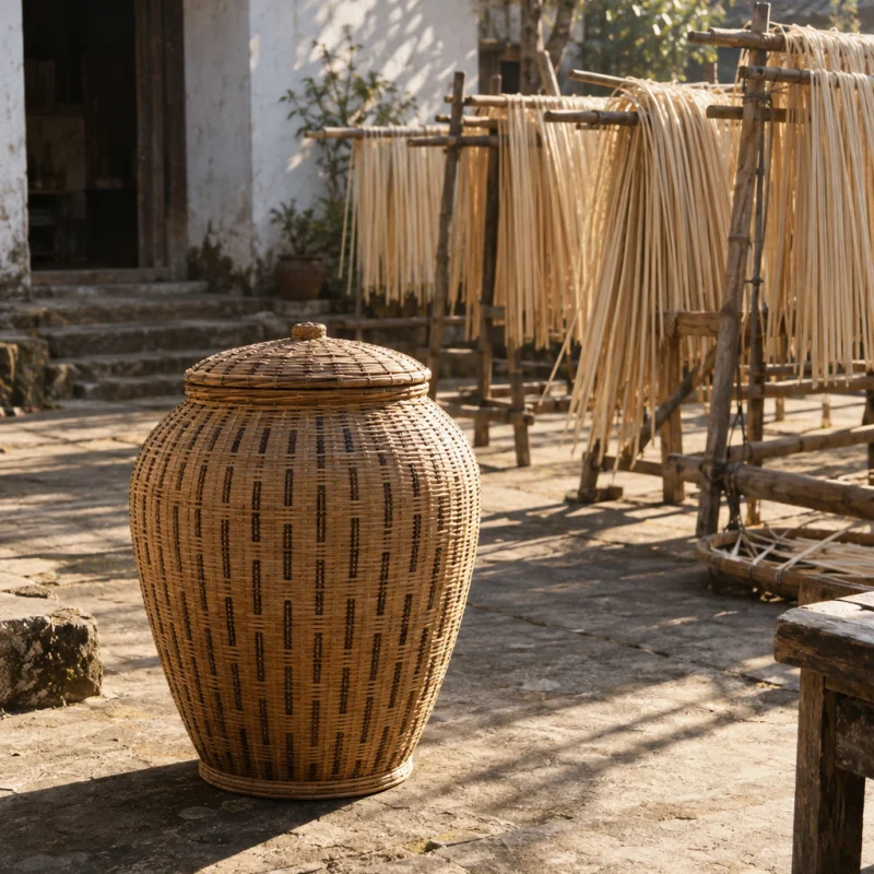 Lidded vessel, rain pattern, the piece standing in the courtyard among drying cane, late sun, in a Phú Vinh courtyard, split rattan cane drying on bamboo racks, pale straw and honey tones, whitewashed wall, dappled sun