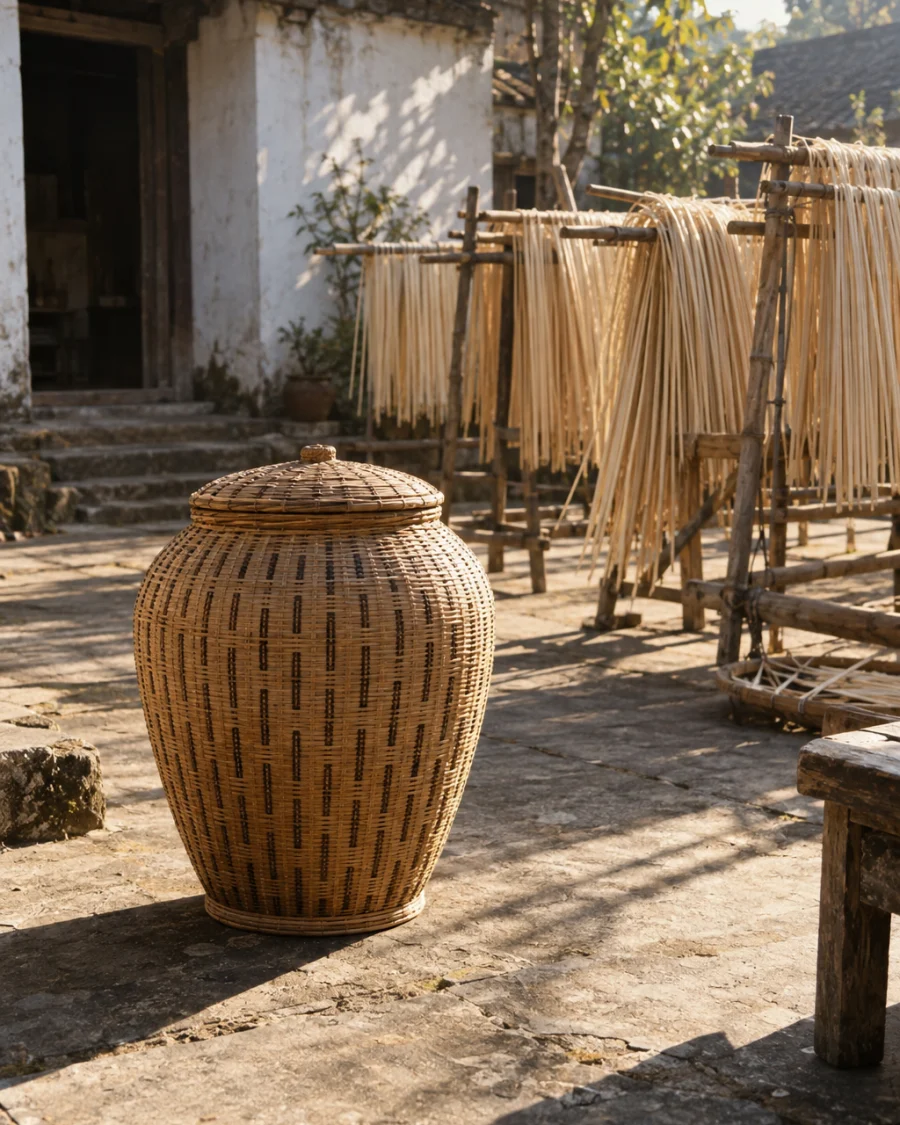Lidded vessel, rain pattern, the piece standing in the courtyard among drying cane, late sun, in a Phú Vinh courtyard, split rattan cane drying on bamboo racks, pale straw and honey tones, whitewashed wall, dappled sun