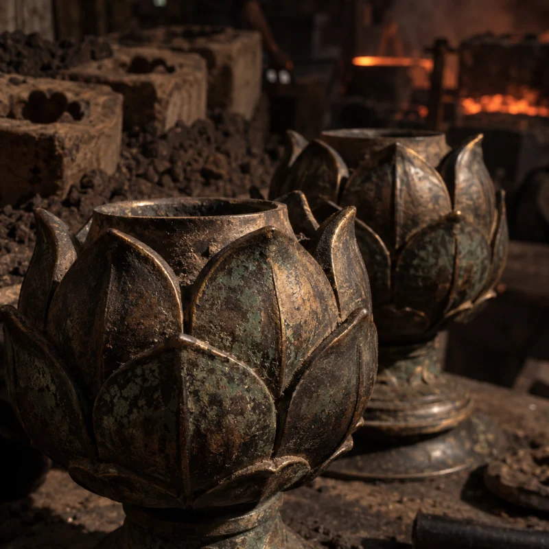 Lotus-bud candle holders, pair, macro of the cast lotus-bud petals and patina, in the Đại Bái foundry, sand moulds and charcoal glow, dark bronze with a green-brown patina, smoke and low light