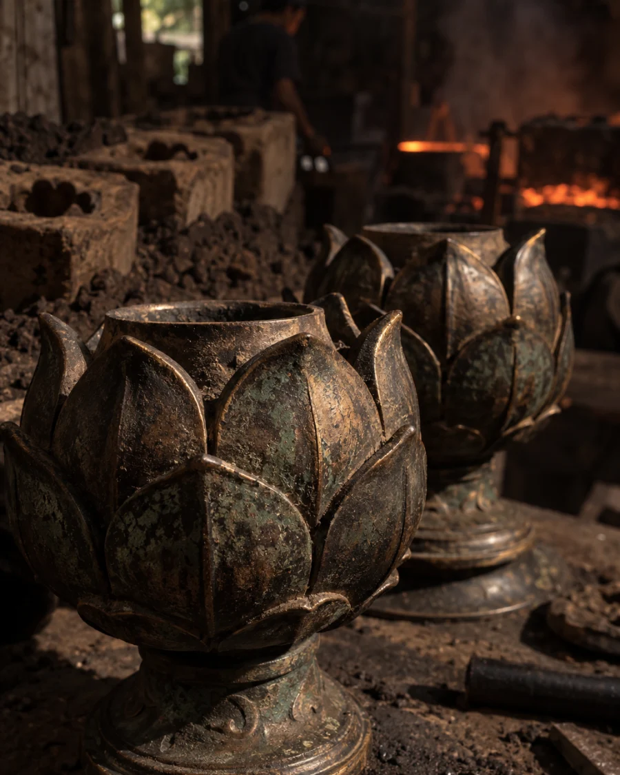 Lotus-bud candle holders, pair, macro of the cast lotus-bud petals and patina, in the Đại Bái foundry, sand moulds and charcoal glow, dark bronze with a green-brown patina, smoke and low light