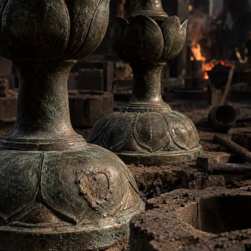 Lotus-bud candle holders, pair, close-up of the base and the mark of the sand mould, in the Đại Bái foundry, sand moulds and charcoal glow, dark bronze with a green-brown patina, smoke and low light