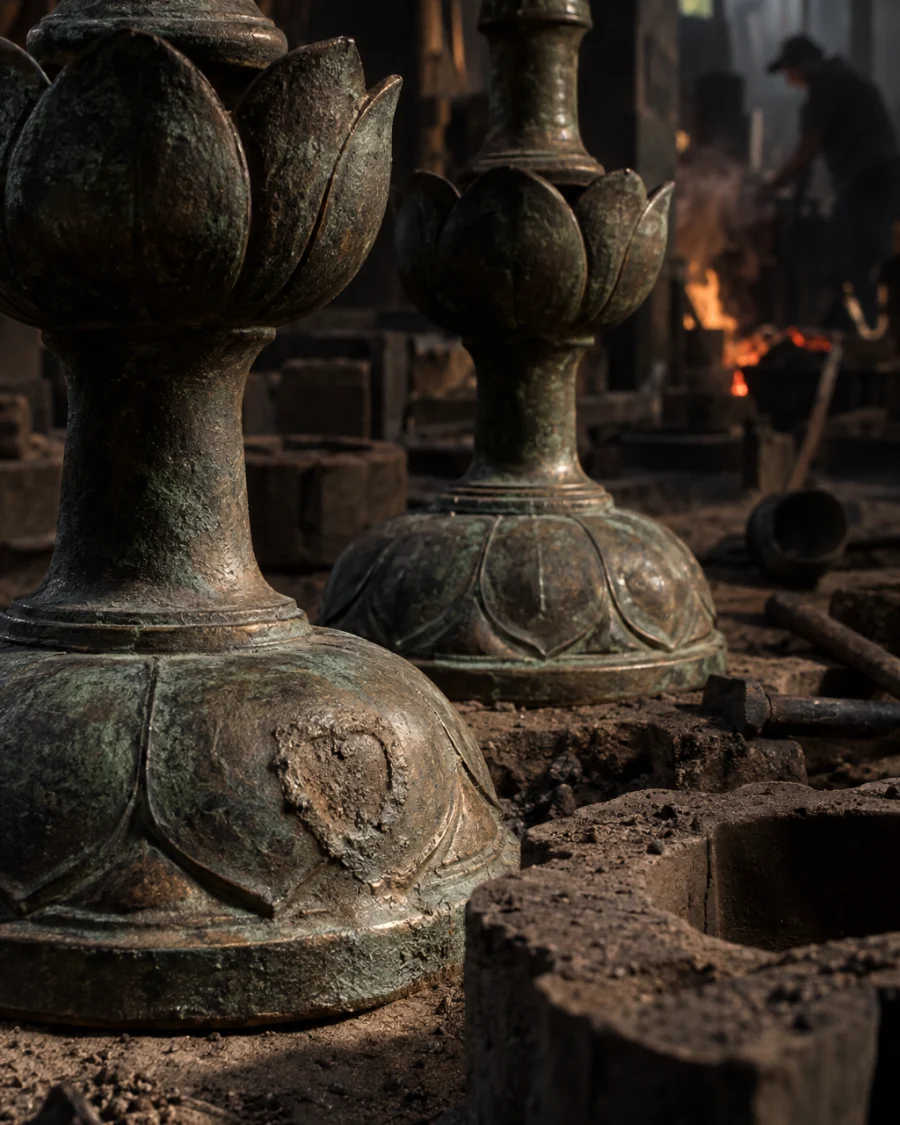Lotus-bud candle holders, pair, close-up of the base and the mark of the sand mould, in the Đại Bái foundry, sand moulds and charcoal glow, dark bronze with a green-brown patina, smoke and low light
