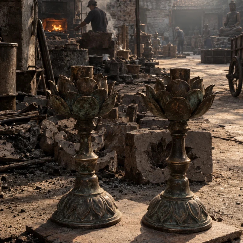 Lotus-bud candle holders, pair, the bronze standing on a tile in the foundry yard, broken moulds behind, in the Đại Bái foundry, sand moulds and charcoal glow, dark bronze with a green-brown patina, smoke and low light