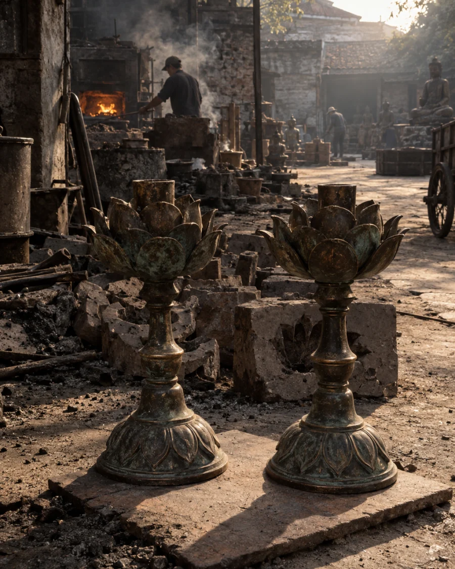 Lotus-bud candle holders, pair, the bronze standing on a tile in the foundry yard, broken moulds behind, in the Đại Bái foundry, sand moulds and charcoal glow, dark bronze with a green-brown patina, smoke and low light