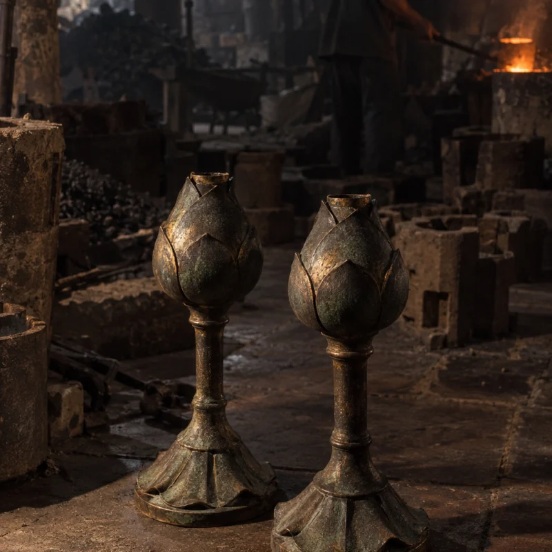 Lotus-bud candle holders, pair: A pair of cast-bronze candle holders shaped as closed lotus buds, village patina, standing together on a tile, in the Đại Bái foundry, sand moulds and charcoal glow, dark bronze with a green-brown patina, smoke and low light, by Nguyễn Văn Sơn