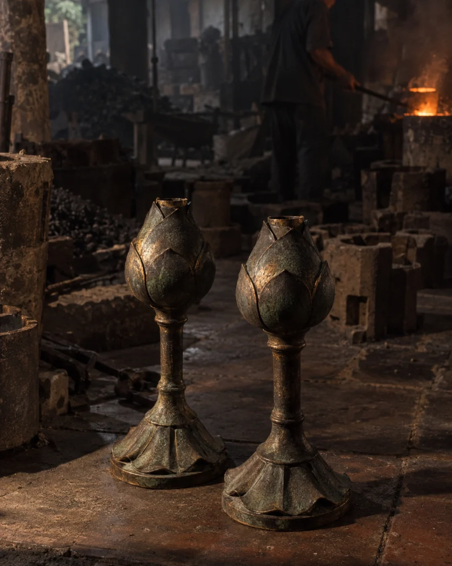 Lotus-bud candle holders, pair: A pair of cast-bronze candle holders shaped as closed lotus buds, village patina, standing together on a tile, in the Đại Bái foundry, sand moulds and charcoal glow, dark bronze with a green-brown patina, smoke and low light, by Nguyễn Văn Sơn