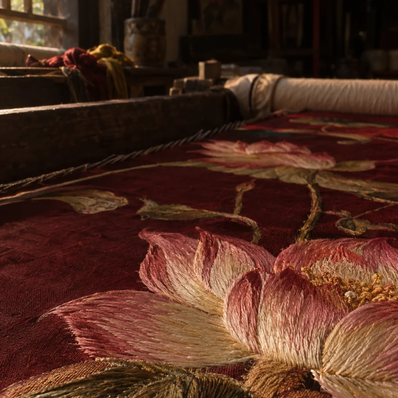 Lotus pond, hand-embroidered silk, macro of the lotus petals, individual split-silk stitches shading from pink to cream, in a Quất Động embroidery room, a wooden frame set in the window, mulberry silk, deep wine red and ochre, soft morning light