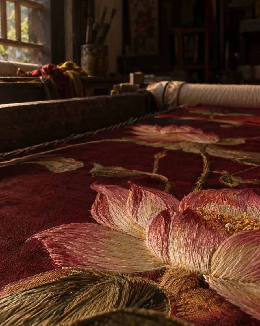 Lotus pond, hand-embroidered silk, macro of the lotus petals, individual split-silk stitches shading from pink to cream, in a Quất Động embroidery room, a wooden frame set in the window, mulberry silk, deep wine red and ochre, soft morning light