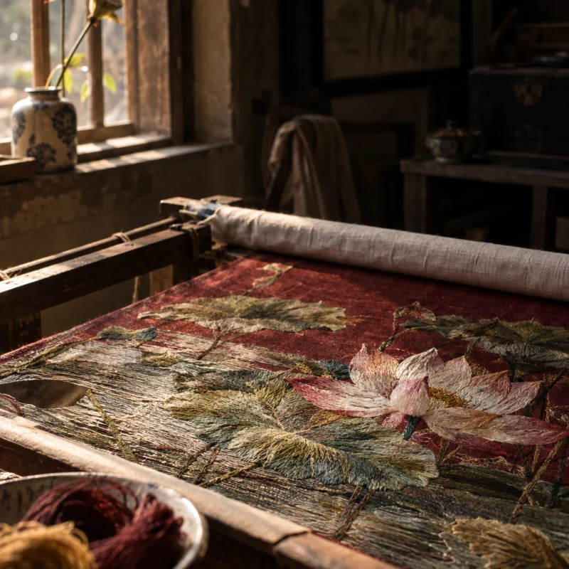 Lotus pond, hand-embroidered silk, close-up of the water stitched in graded greens and greys, in a Quất Động embroidery room, a wooden frame set in the window, mulberry silk, deep wine red and ochre, soft morning light