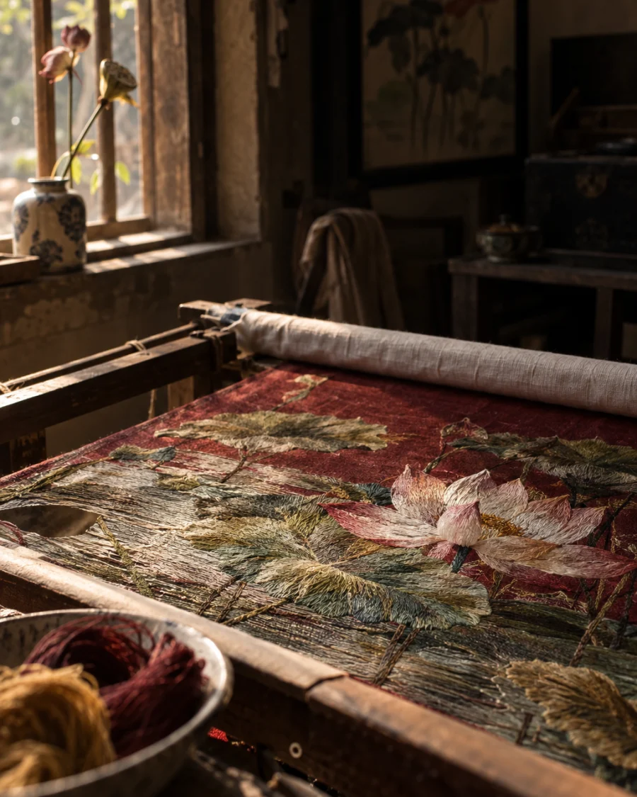 Lotus pond, hand-embroidered silk, close-up of the water stitched in graded greens and greys, in a Quất Động embroidery room, a wooden frame set in the window, mulberry silk, deep wine red and ochre, soft morning light