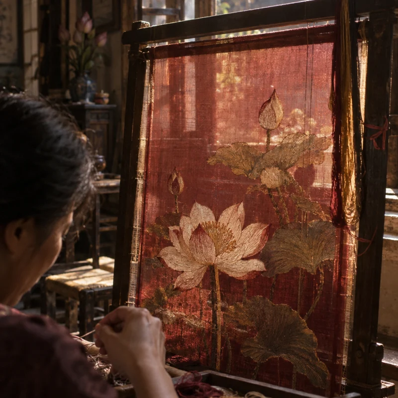 Lotus pond, hand-embroidered silk, the frame set against the window, the embroiderer's hand blurred at its edge, in a Quất Động embroidery room, a wooden frame set in the window, mulberry silk, deep wine red and ochre, soft morning light
