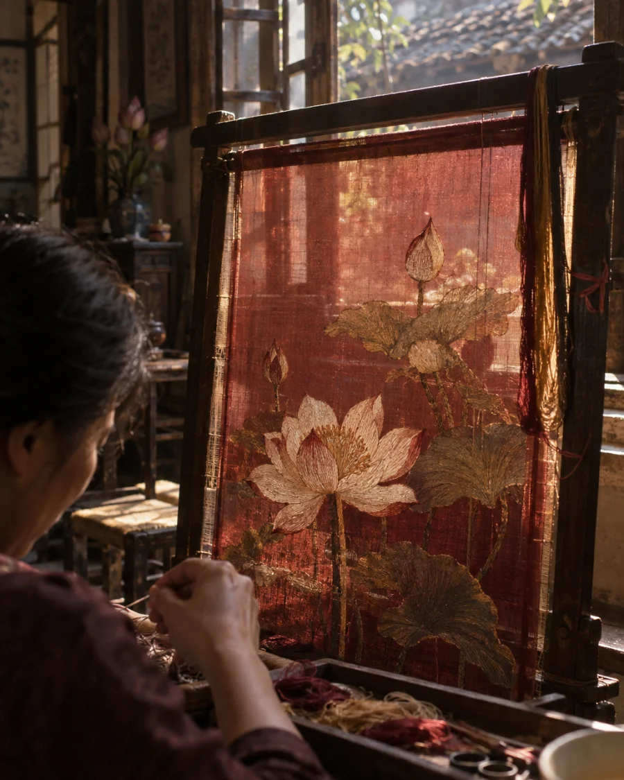 Lotus pond, hand-embroidered silk, the frame set against the window, the embroiderer's hand blurred at its edge, in a Quất Động embroidery room, a wooden frame set in the window, mulberry silk, deep wine red and ochre, soft morning light