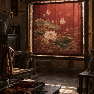 Lotus pond, hand-embroidered silk: A hand-embroidered silk panel of a lotus pond, shaded silk thread on hand-loomed Vạn Phúc silk, still stretched on its wooden frame, in a Quất Động embroidery room, a wooden frame set in the window, mulberry silk, deep wine red and ochre, soft morning light, by Lê Thị Hoa