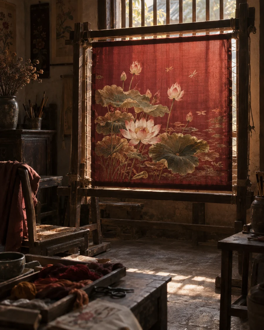 Lotus pond, hand-embroidered silk: A hand-embroidered silk panel of a lotus pond, shaded silk thread on hand-loomed Vạn Phúc silk, still stretched on its wooden frame, in a Quất Động embroidery room, a wooden frame set in the window, mulberry silk, deep wine red and ochre, soft morning light, by Lê Thị Hoa