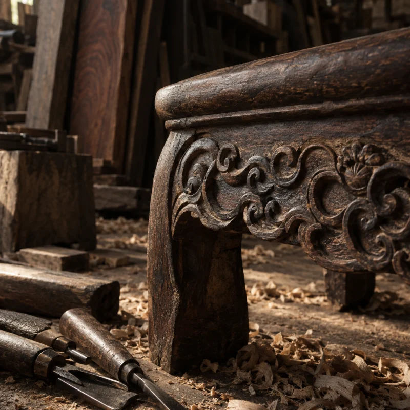 Low stool, carved ironwood, macro of the carved apron, in a Đồng Kỵ carving workshop, ironwood and rosewood planks, chisels and shavings, oiled dark grain, timber-yard light