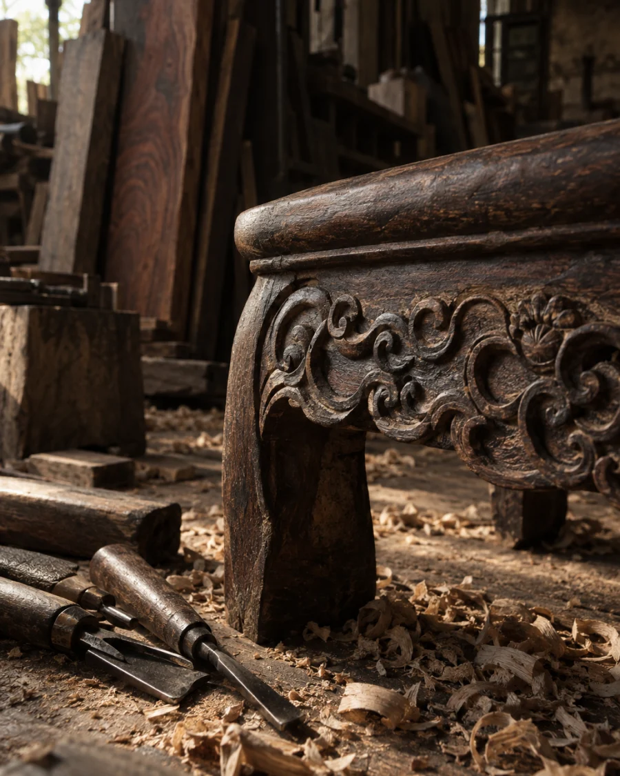 Low stool, carved ironwood, macro of the carved apron, in a Đồng Kỵ carving workshop, ironwood and rosewood planks, chisels and shavings, oiled dark grain, timber-yard light