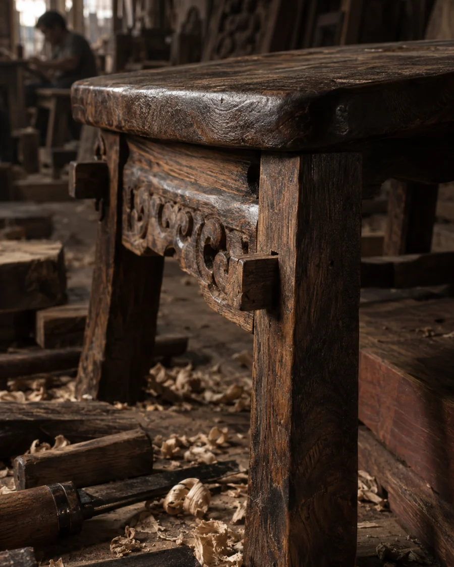 Low stool, carved ironwood, close-up of a pegged mortise-and-tenon joint, no nails, in a Đồng Kỵ carving workshop, ironwood and rosewood planks, chisels and shavings, oiled dark grain, timber-yard light