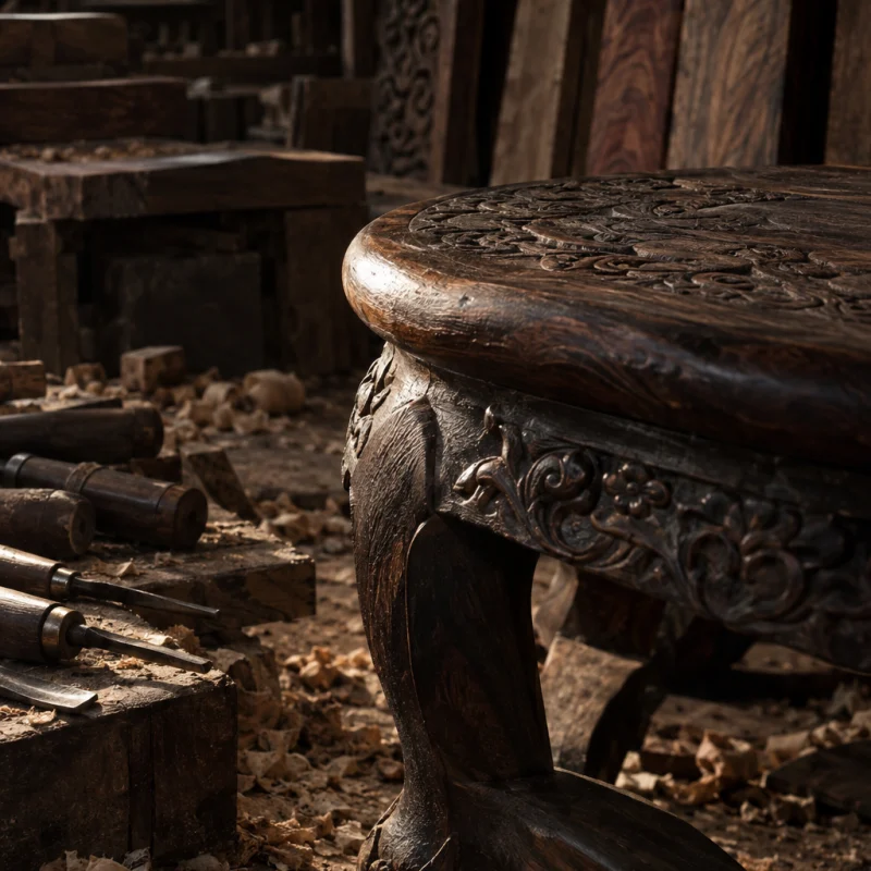 Low stool, carved ironwood, the top seen at a low angle, grain under oil and wax, in a Đồng Kỵ carving workshop, ironwood and rosewood planks, chisels and shavings, oiled dark grain, timber-yard light