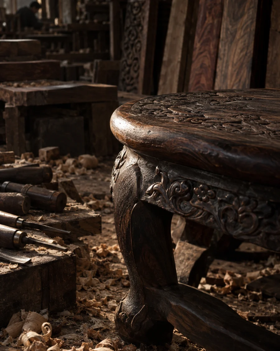 Low stool, carved ironwood, the top seen at a low angle, grain under oil and wax, in a Đồng Kỵ carving workshop, ironwood and rosewood planks, chisels and shavings, oiled dark grain, timber-yard light