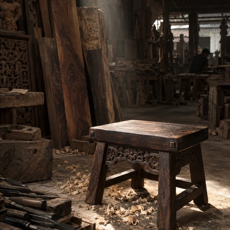 Low stool, carved ironwood: A low ironwood stool with a carved apron and pegged joints, oil-and-wax finish, standing in a shaft of workshop light, in a Đồng Kỵ carving workshop, ironwood and rosewood planks, chisels and shavings, oiled dark grain, timber-yard light, by Đồng Kỵ workshop